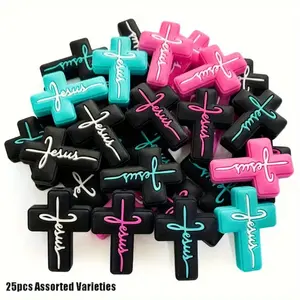 25pcs Christian Faith Jewelry Beads - Religious Cross Charms with Turquoise Blue & Hot Pink Colors, for Necklace, Bracelet, Keychain Making - Ideal for Baptism, Confirmation, Casual Attire - Spiritual Gift Ideas