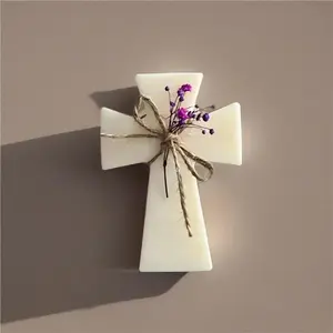 Scented Organic Soy Wax Candle with Blessing Cross Design - Handcrafted with 100% Soy Wax for Aroma and Freshening Gift Decor Perfume Decoration Ornaments Freshener White