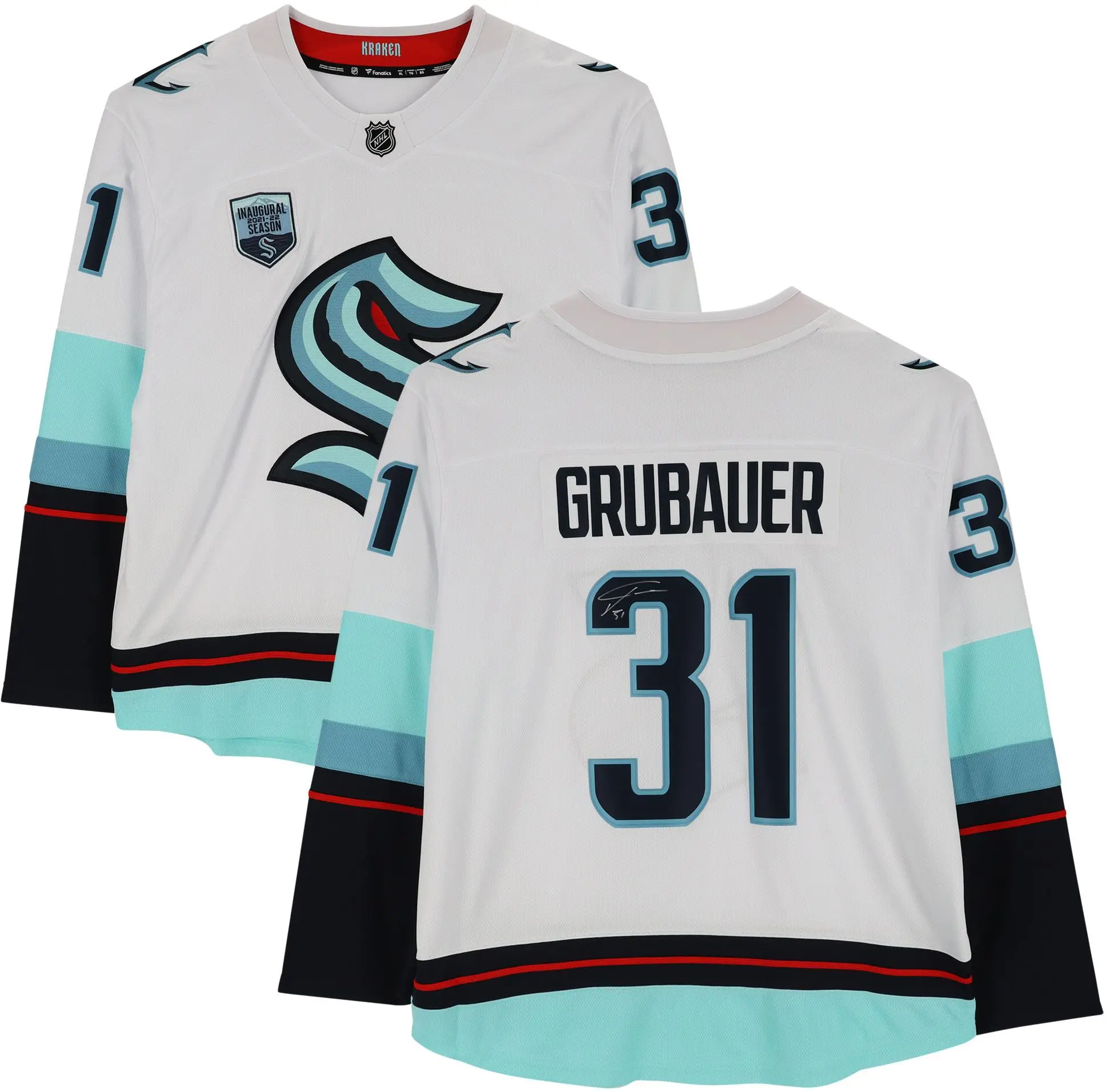 Philipp Grubauer Seattle Kraken Autographed White Fanatics Breakaway Jersey with Inaugural Season Jersey Patch - Fanatics Authentic Certified