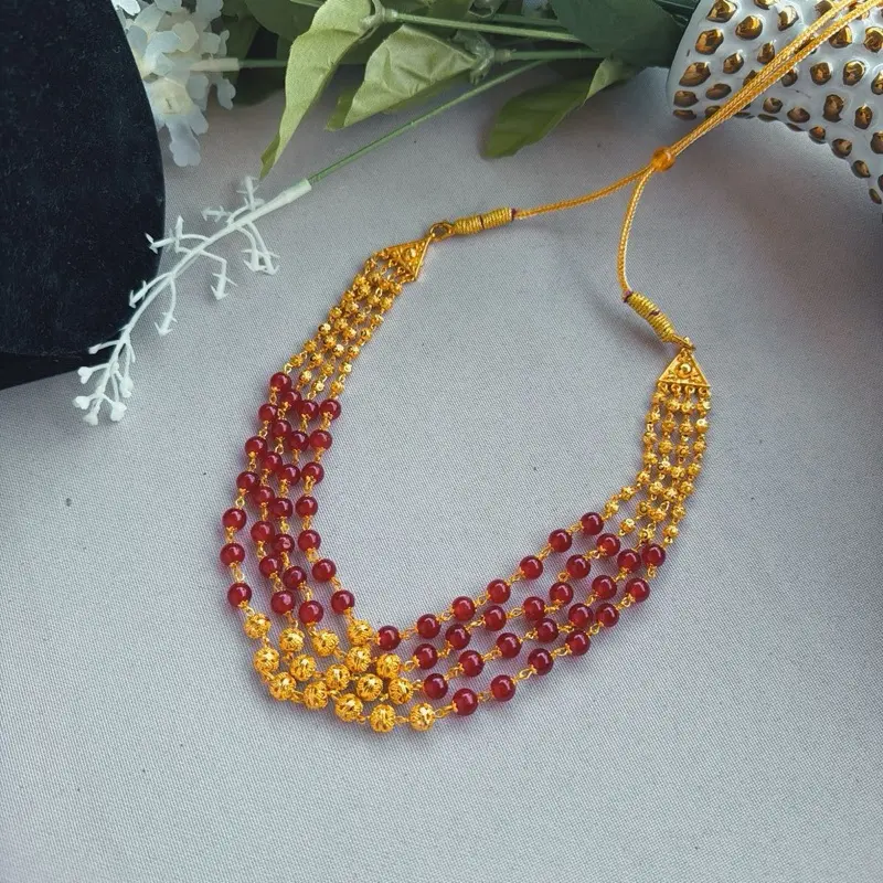 Ethnic Layered Choker Necklace for Women, Gold-Tone with Auspicious Ruby Design and Beading