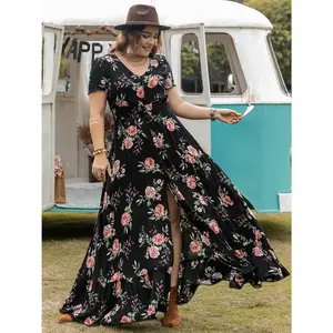 Plus Size Button Detail Printed V-Neck Short Sleeve Maxi Dress