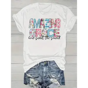 Christian Women's T-Shirt Local 1 Piece Women's Casual Amazing Grace Floral Patchwork Design Printed T-Shirt, 100% Cotton Short Sleeve Round Neck, Regular Plus Size Four Seasons T-Shirt