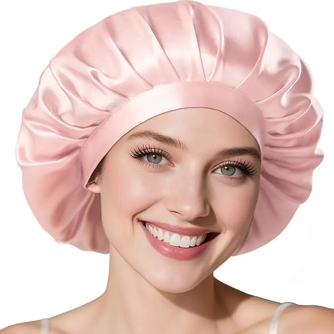 LitBear Women's 100% Mulberry Silk Sleeping Bonnet, Pink Hair Care Sleep Cap for Hair Protection