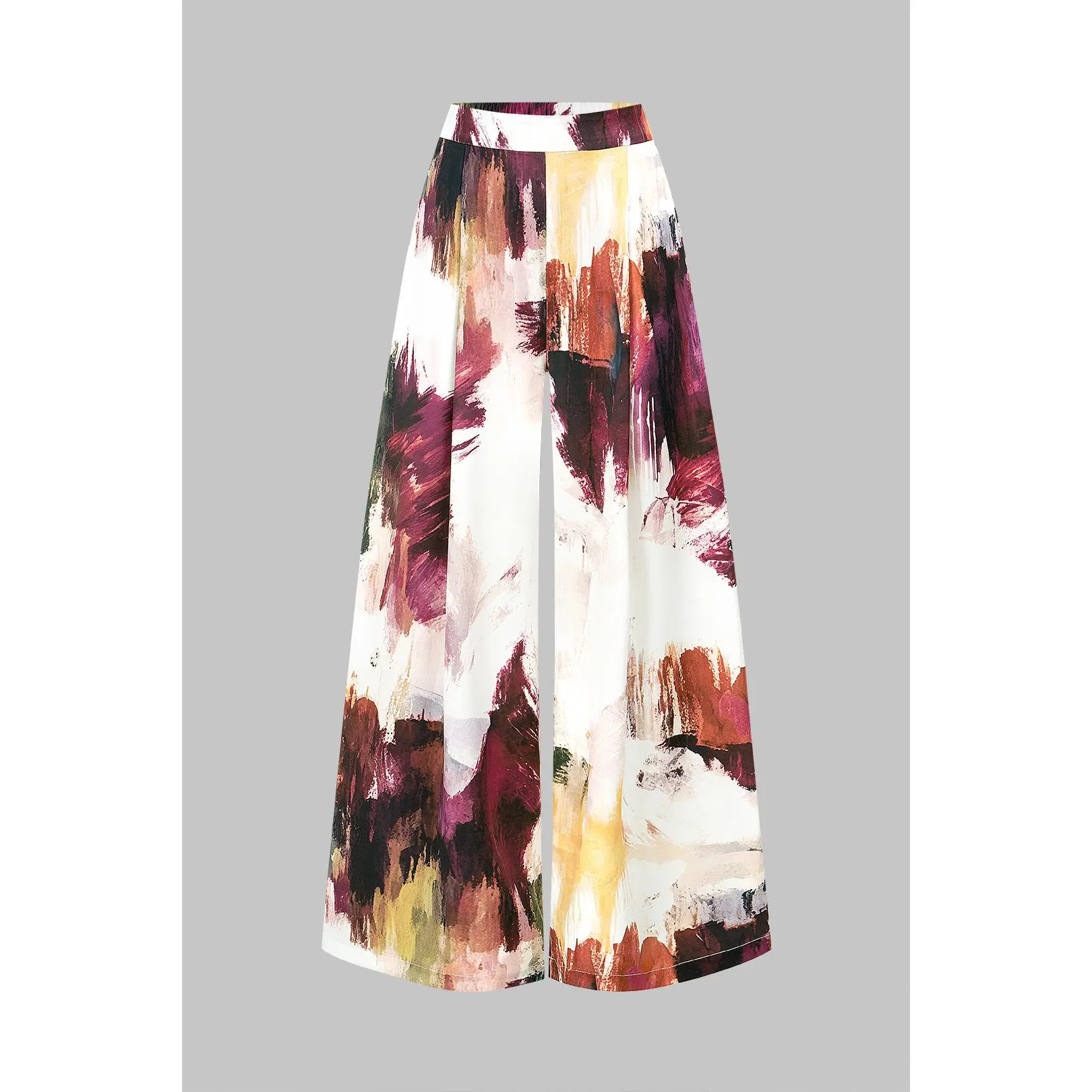 Graffiti Print Satin Shirred Waistband Wide Leg Pants