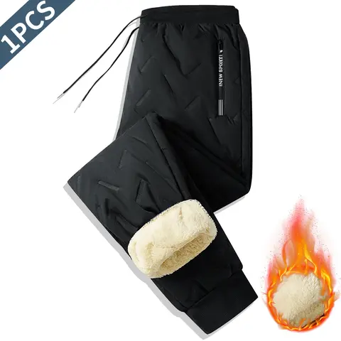 Men's Winter Thick Non-Stretch Polyester Fitted Fitness Training Pants - High Waist Drawstring, Plain Straight-Piped, 2 Pockets, Machine Washable, Breathable, Casual Comfy Sporty - With Pocket, Workwear, Fit Men's Pants for Workouts, Everyday Wear, With P