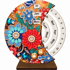 DIY Diamond Art Painting Kit Unique Wooden Rotating Calendar Perpetual Calendar with Rotating Month Day Week Manually Changing Date Calendar Desk Decor for Home and Office