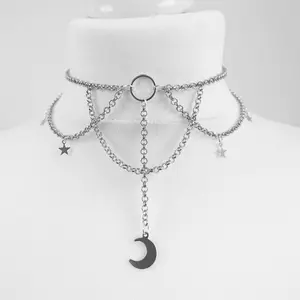 Gothic Exquisite Chain Crescent and Star Witch Necklace Silver Pendant Punk Jewelry Women's Gift Fashion Gothic New