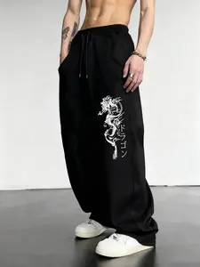 Men's Loose Fit Casual Relaxed Fit Wide Leg Graphic Sweatpants, Y2K Street Style, Comfortable and Trendy, Casual Wear, Drawstring Waist, All Seasons