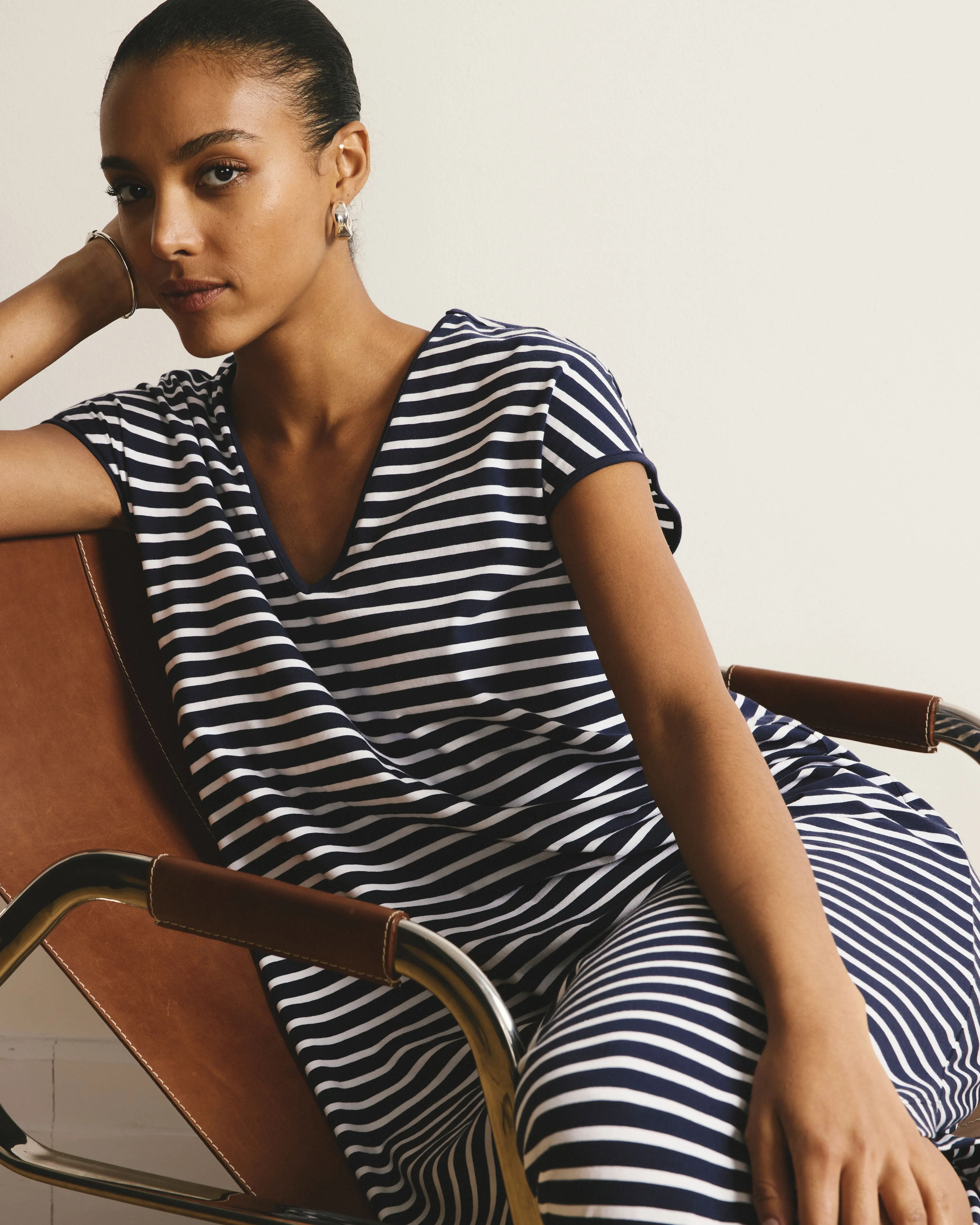 Women's Geneva V-Neck Striped Dress, Pilling-Resistant Peruvian Cotton for Casual Wear with Incredible Bounce-Back