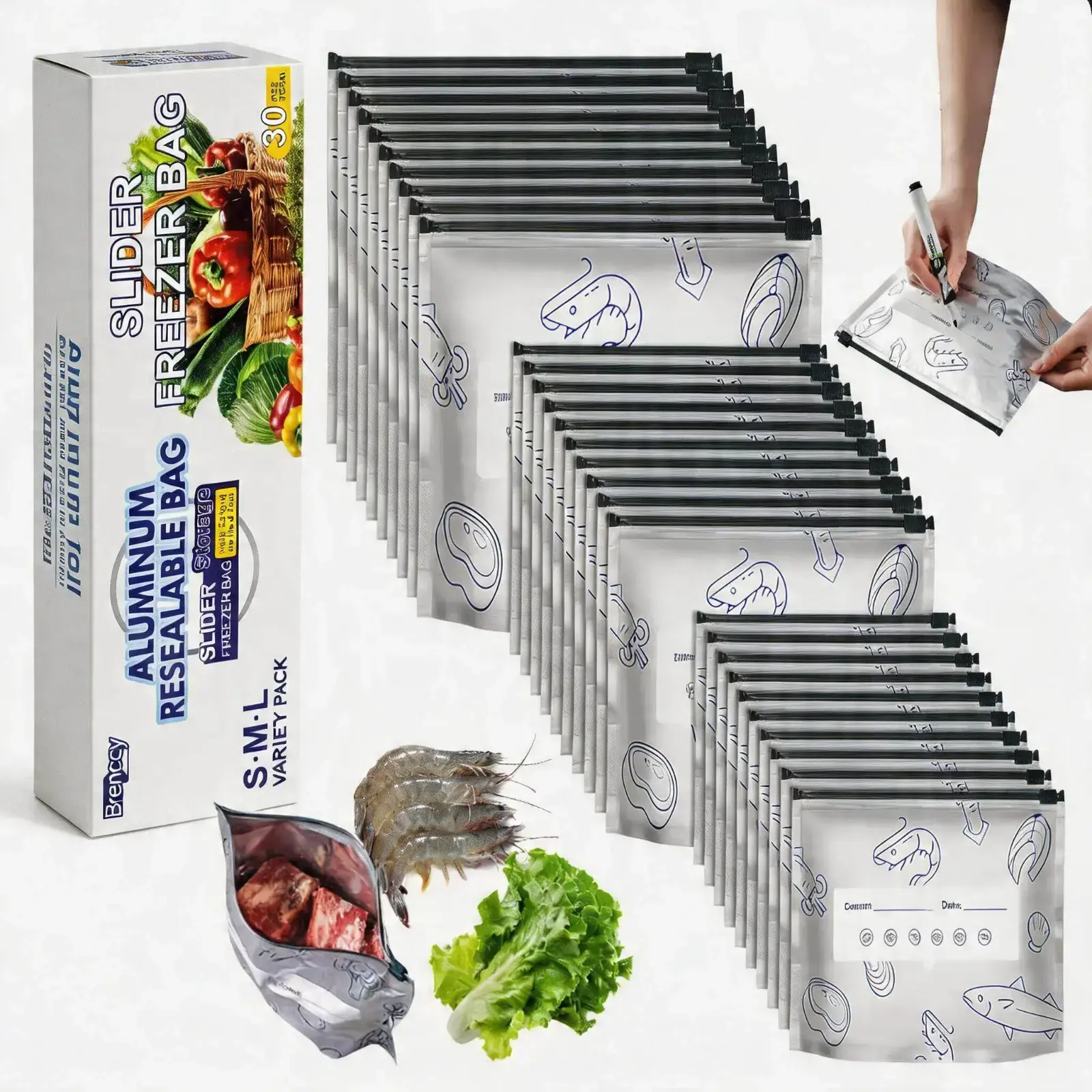 30-Pack Food Storage Containers, Heavy-Duty Reusable Stand-Up Aluminum Foil Bags with Zipper, Airtight & Leak-proof Seal, 3 Sizes, Maintains Freshness, Aluminium