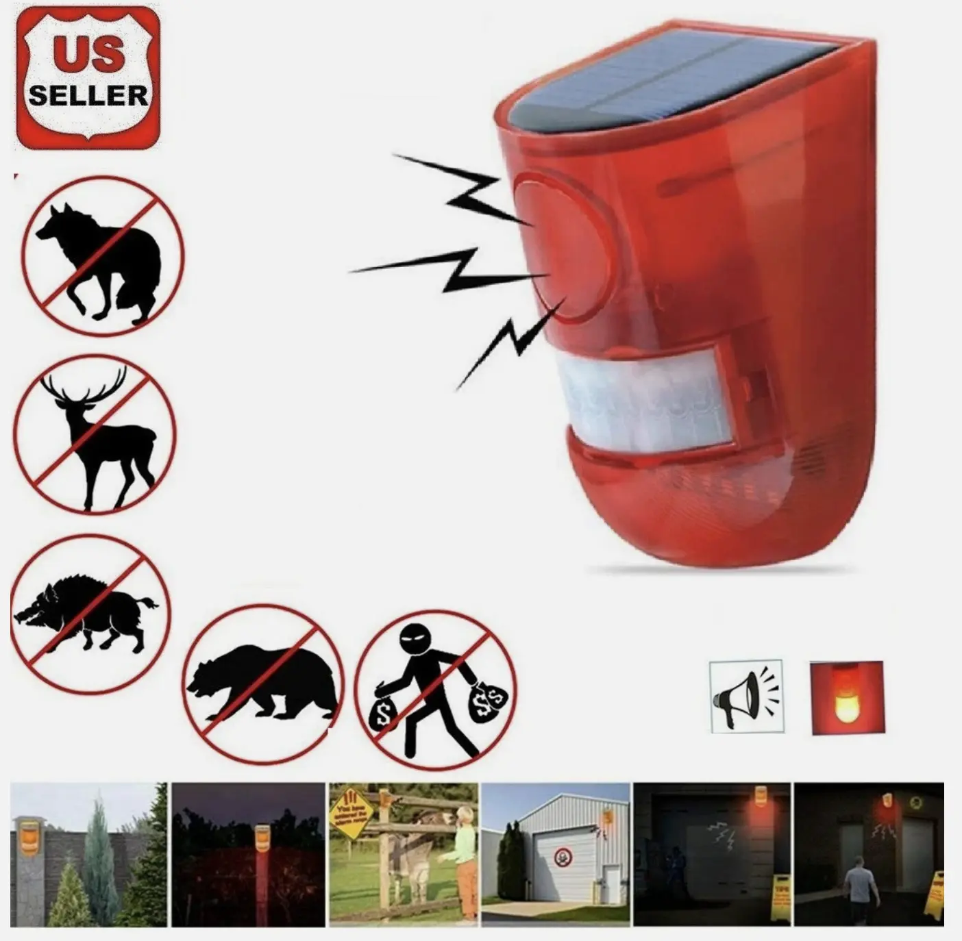Solar Alarm LED Light with Motion Sensor Detector for Outdoor Security IP65 Waterproof 110db Siren Horn 30 Days Working Time 5-8m Induction Distance