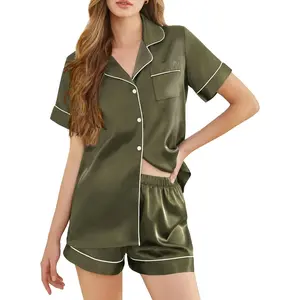 Silk Pajamas for Women Short Sleeve Sleepwear Soft Button Down Loungewear 2 Piece Satin Pjs Shorts Set S-XXL