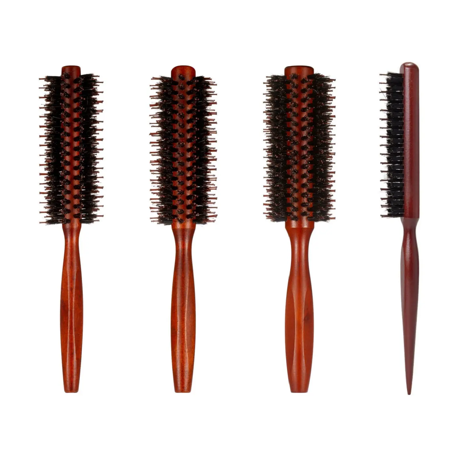 Women's 4Pcs Boar Bristle Round Hair Brush Set - Anti-Static Wood Handle Tools with Comfortable Grip, Multi-Functional for Drying, Styling, Curling (10/12/14 Rows), Smoothing Home Improvement Supplies