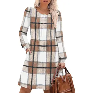 Long Sleeve Dress for Women Pleated Crew Neck Casual Babydoll Sweater Dress with Pockets Fall Outfits Fashion Womenswear Beige Plaid Crewneck Elegant Chic Day Everyday Style Summer
