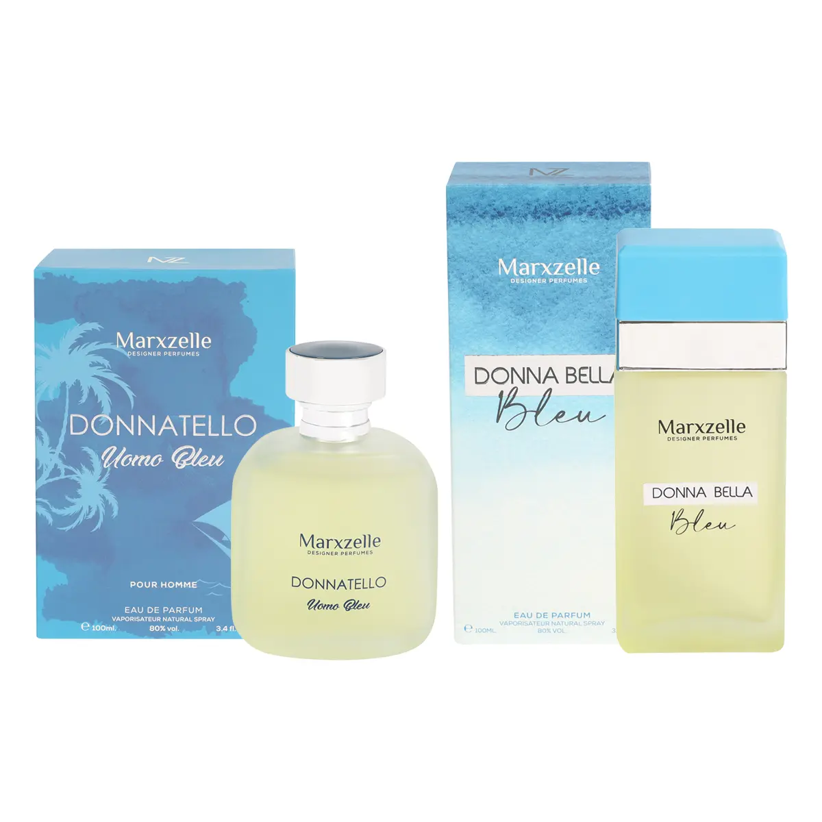 Bundle of Marxzelle Donnatello Uomo Bleu for Men and Donna Bella Bleu for Women 100ml Fragrance