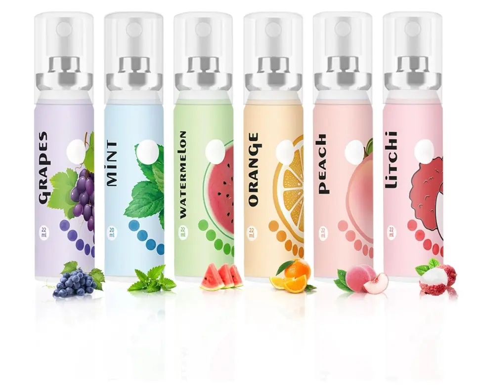 6PCS Fresh Breath Spray,Fruity Flavour Mouth Spray Freshener Spray Set for Mouth,Peaches,Oranges,Watermelon,Grapes,Lychee
