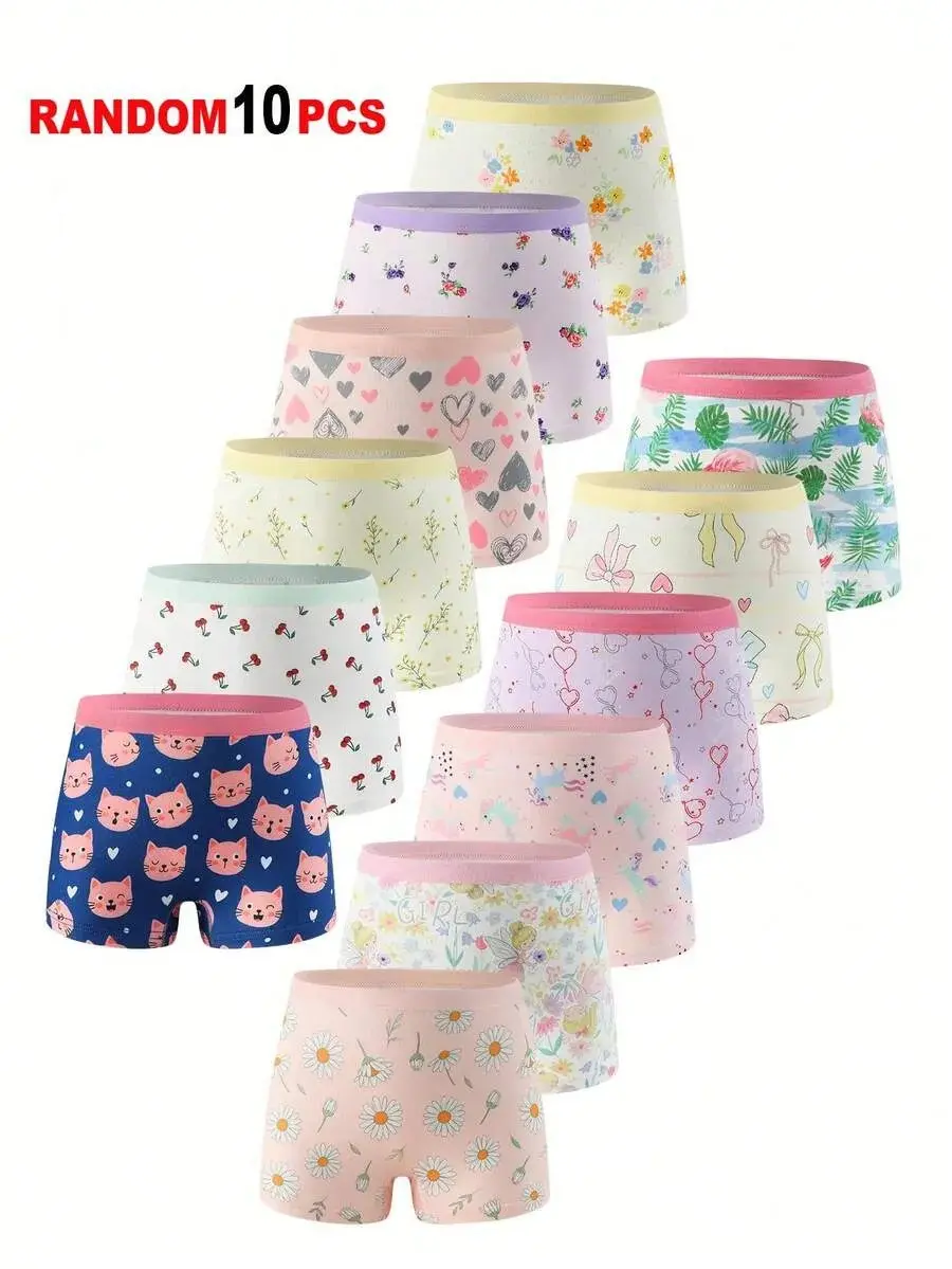 10pcs Random Assorted Comfortable Girls' Boyshort Underwear, Cartoon Rabbit & Heart Print, Little Girl Underwear
