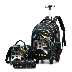 Gaming Themed Rolling Backpack Set for Boys | 3-in-1 Backpack + Lunch Bag + Pencil Pouch | Gamer Design | Back to School Essentials