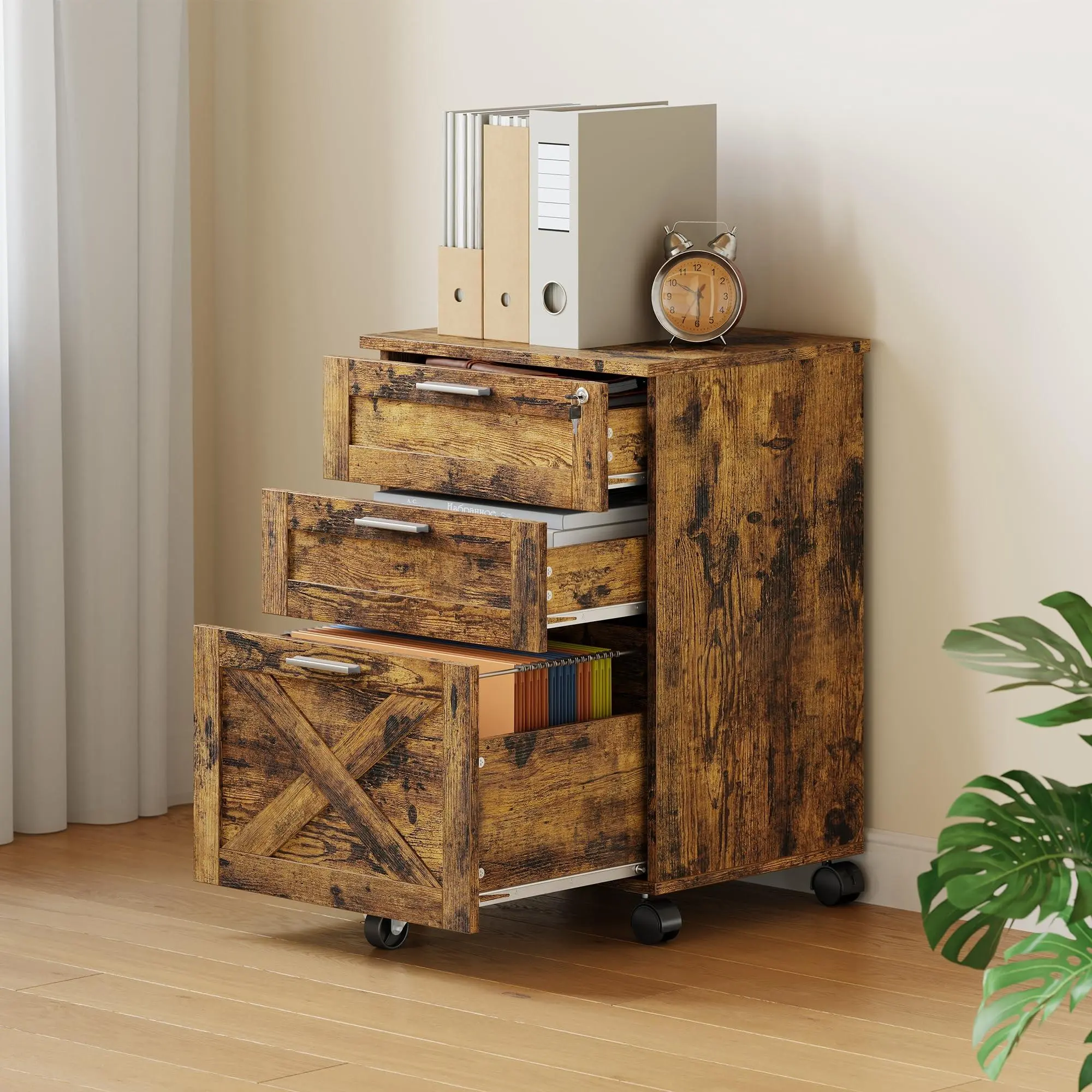 GARVEE Locking 3-Drawer Mobile Wooden File Cabinet - Under Desk Rolling Storage Organizer with Wheels for Letter, Legal, A4 Files, Retro Home Office Furniture