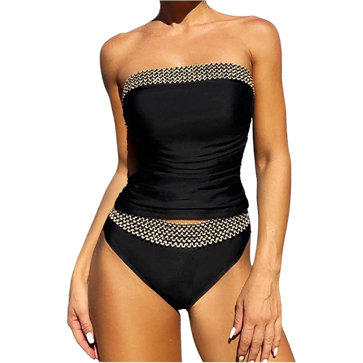 Women's 2-Piece Color Block Tankini Set - Bandeau Strapless Ruched Tankini Tops, Low Rise Hipster Bottoms, Beautiful Patterns Women's Tankinis Set for Solarium, Photographs, Strapless Swimwear, Women's Swimsuits