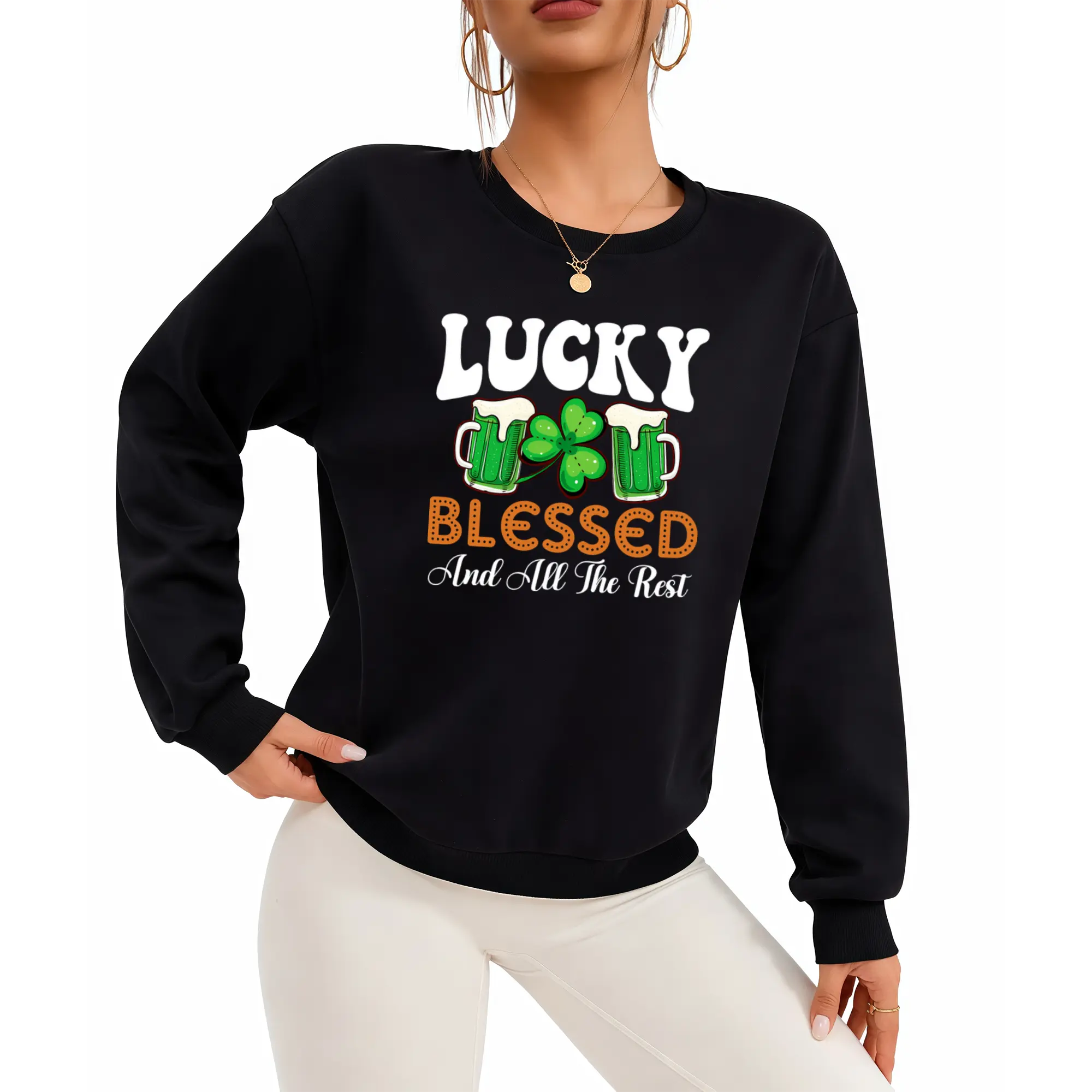 Women's Long Sleeve St. Patrick's Day Sweatshirt – Funny Irish Beer Mug Design, Comfortable Round Neck Knit Top for Casual Spring & Summer Parties, Machine Washable