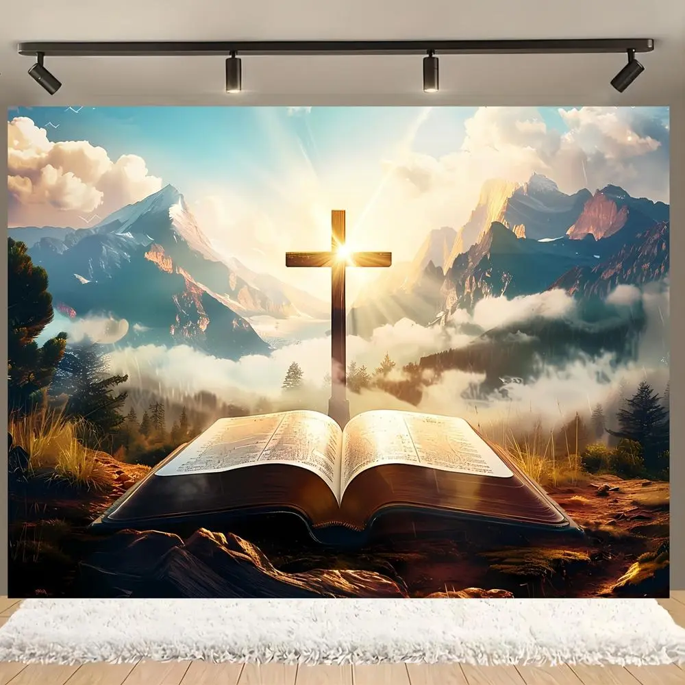 1pc Polyester 2D Flat Jesus Christ Cross Backdrop - Printed Art Mountain Sunset Religious Banner, Party Decoration Supplies for Home & Event Photography Wall Decor