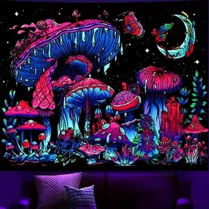 Glow-in-the-Dark - UV Reactive Blacklight Mushroom Tapestry - Wall Hanging with Butterfly, Moon & Starry Sky Pattern Design, Perfect for Bedroom and Dorm Decor - Easy to Hang, Multiple Sizes Available