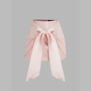 Cider [size 2-10] Satin Low Rise Solid Ruched Bowknot Mini Skirt