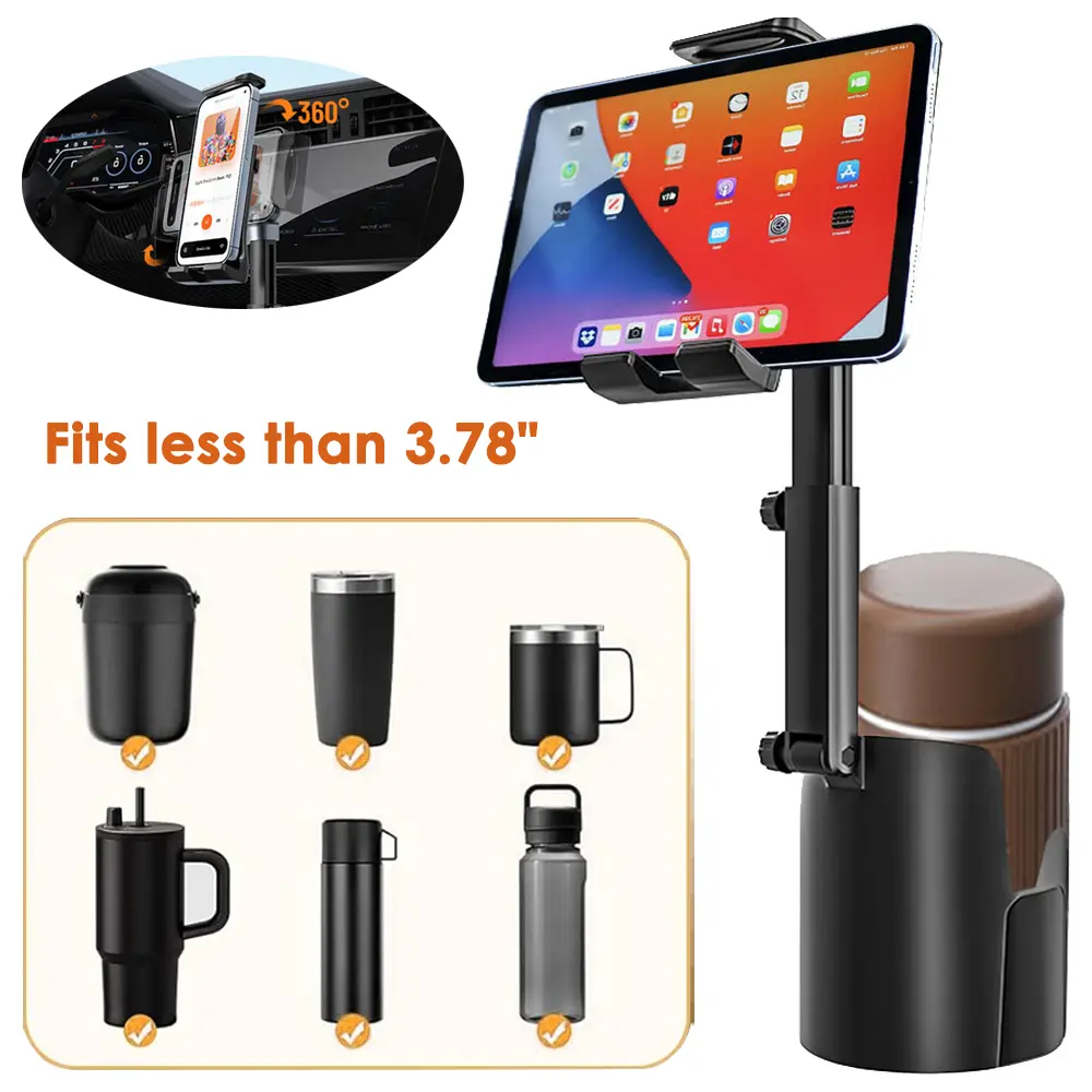 2 in 1 Car Cup Phone Tablet Holder Mount, 360° Rotation Car Cellphone Stand with Cup Drink Bottle Holder Expandable Base, Universal Fits for iPhone 16 15 14 Pro Max Plus, for iPad Pro 11/ 10.5/ 9.7 iPad Mini 4/3/2/1, for Samsung Galaxy