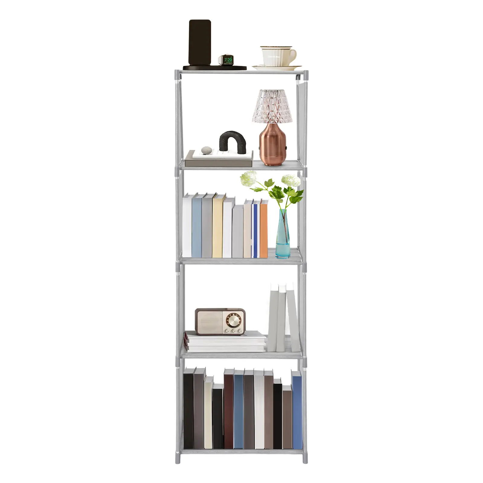4-Tier Compact Modern Bookshelf - Non-Woven Fabric Storage Shelves with Galvanized Steel Frame, 17.6 lbs Load Capacity Space Saver for Study, Living Room Organization, Father Son High School Graduation Gift, Collectibles Display