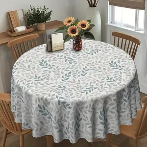 2D flat, grey and white green branches and leaves round table cloth, family kitchen living room dining table cloth, party table cloth, Picnic Table Cover, kitchen accessories, room & outdoor table cloth