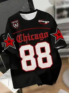 Chicago 88 Star Men's Round Neck T-Shirt, Chicago Pattern Print, Accents, Lightweight Polyester, Knit, Sporty Casual Style, All Seasons, Menswear