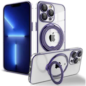 Luxury Plating Clear Rotating Magnetic Stand Phone Case For iPhone 16 15 Pro Max 14 13 12 11 X XR XS 7 8 Plus SE2 SE3 Back Cover