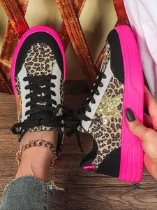 Women's New Fashion Dopamine Sneakers, Panther Print Low Top Skate Shoes, Casual Round Toe Textile Upper, All Seasons Wear