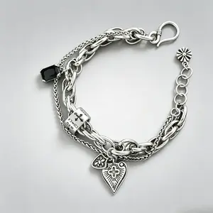 925 Sterling Silver Bracelets for Women & Men, Vintage String Accessories with Heart and Cross Pendants, Stackable Charm Bracelets, Elegant Lightweight Jewelry for Parties, Daily Wear & Gift Idea