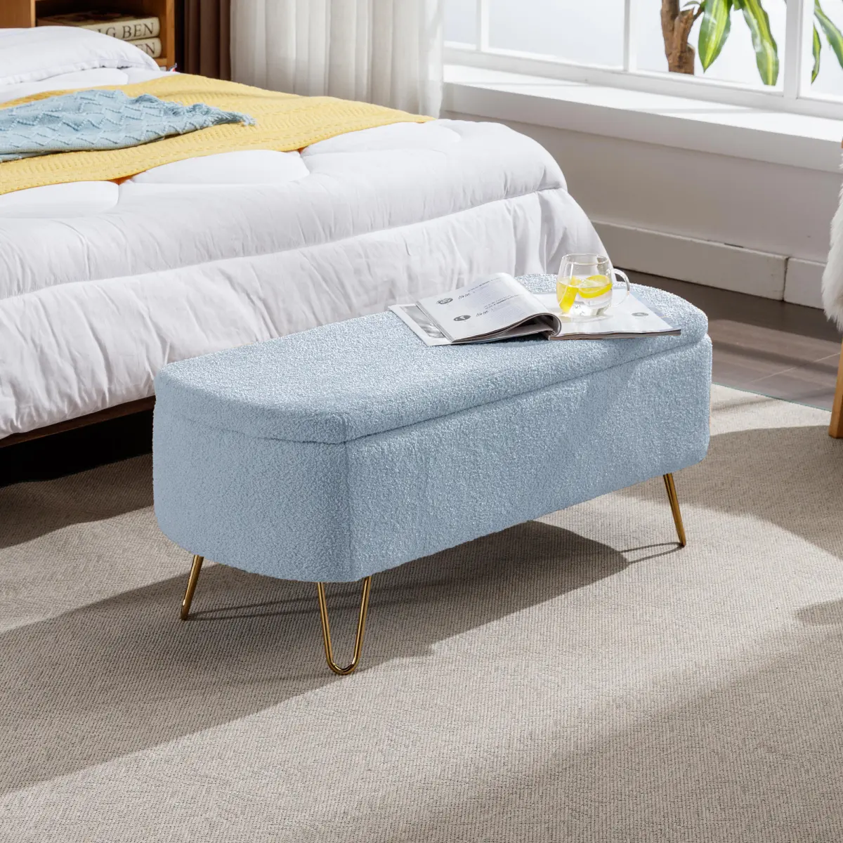 Aobtkel Blue Padded Storage Ottoman Bench with Gold Legs - Large Modern Curve Pleated Seat, Curved Ends, Safety Hinge, Grey Faux Fur Top Indoor Furniture, End-of-Bed Fit for Dining Room, Entryway