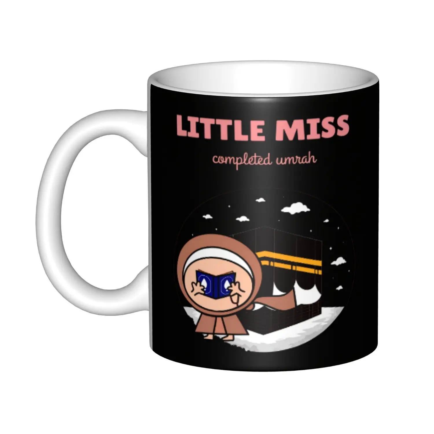 Islamic gift for girls, complete Hajj mug for young ladies, cute kaba design, perfect for Eid al-Fitr and Hajj celebrations, unique Ramadan gift idea, capacity 11 ounces