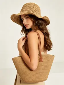 2pcs Beach Vacation Straw Hat + Bag Set, Large Capacity Shoulder Bag, Fashion Wave Sun Hat, Summer Travel Gift, Women's Accessories