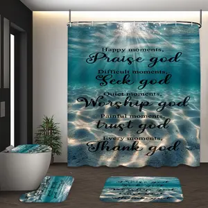 LVRLVR 4Pcs Underwater Ocean Christian Faith Quote Print Inspirational Multi-Color Shower Curtain Set 70.8×70.8 Inch