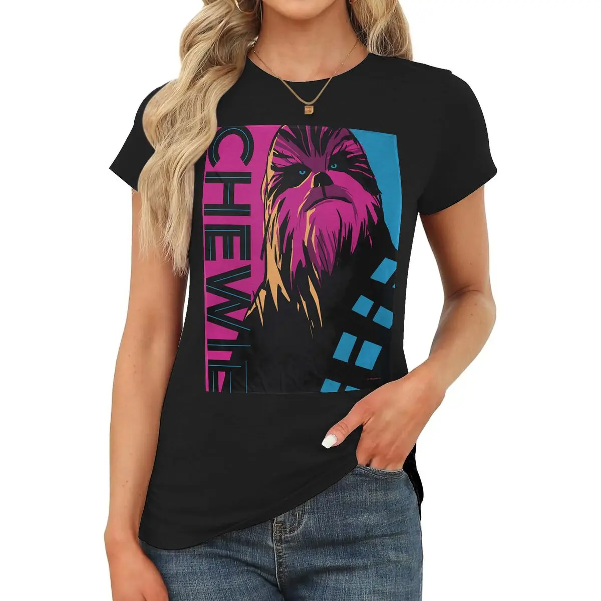 Chewbacca  This oversized single-neck T-shirt is a stylish and slimming design for women