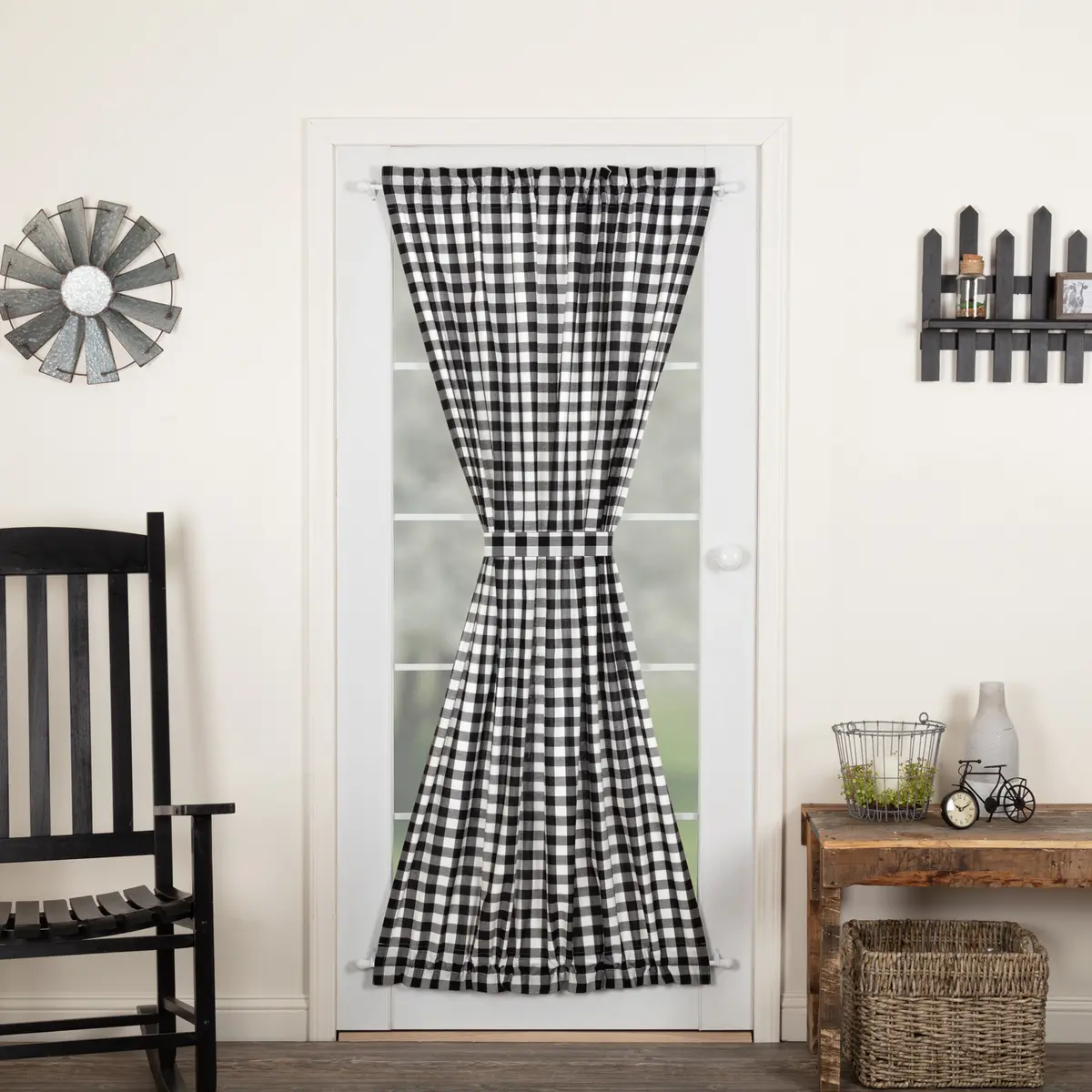 Sable Ann Buffalo Check Curtain Panels, Farmhouse Style Home Gingham Curtains, Machine Stitch Design for Indoor Doors, Tie Backs