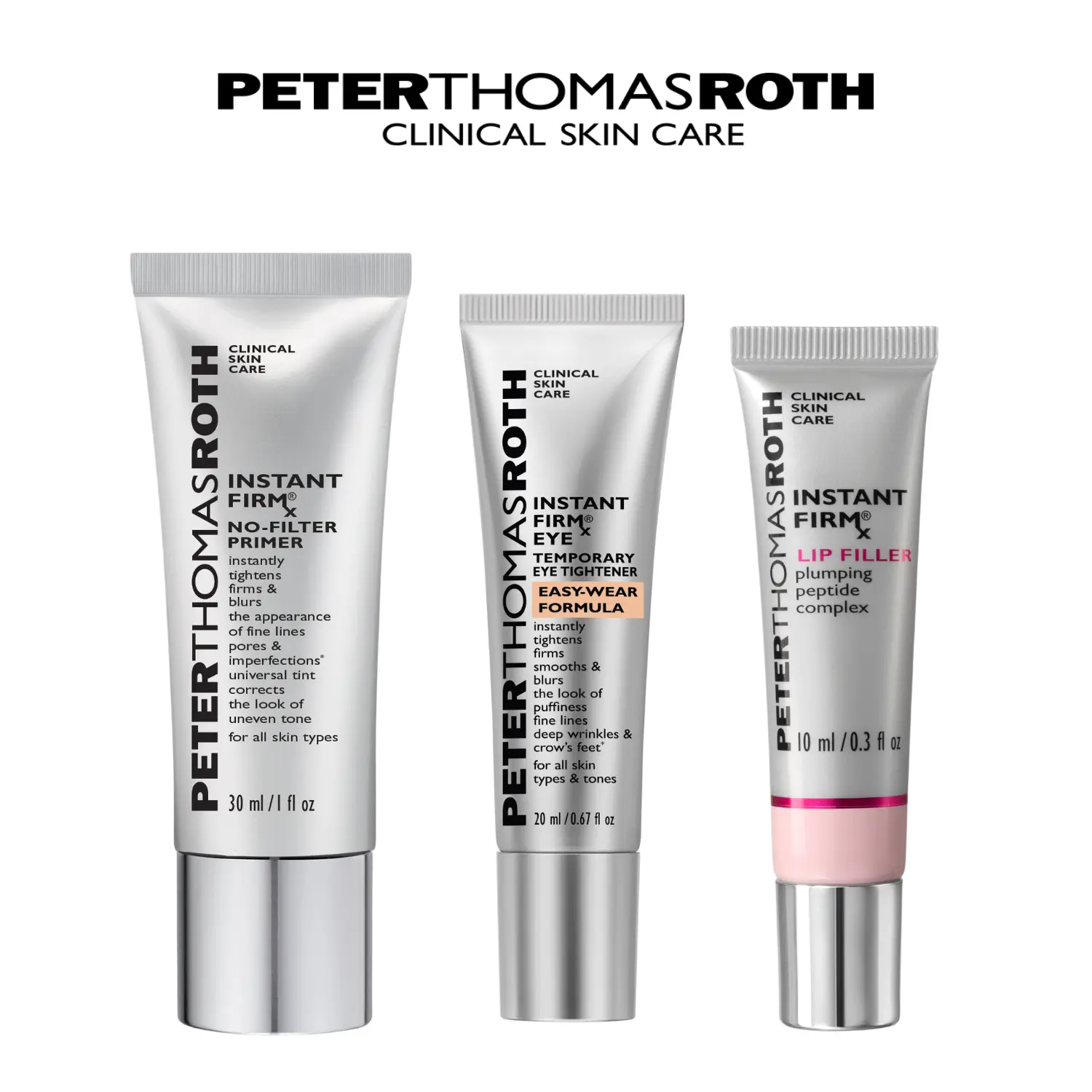 Peter Thomas Roth Instant FirmX Essentials Full Size 3-Piece Bundle with Easy Wear Eye Tightener, No-Filter Primer, and Lip Filler
