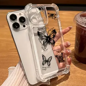 A Soft, Transparent, Four-Cornered Anti-Drop Striped Butterfly Print Phone Case Suitable for Apple Series 11, 12, 13, 14, 15, 16 Pro Max And Samsung Series A05, A15, A25, A35, A55, S23, S24 Ultra.