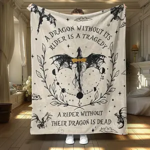 Dragon & Letter & Leaves Pattern Slogan Print Blanket, 1/2 Counts Soft Air-conditioned Room Throw, Warm Nap Blanket for Home Office Travel Camping