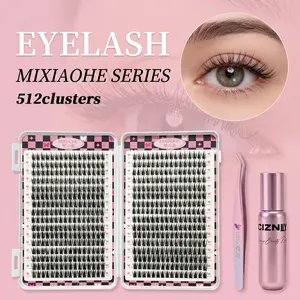 MIXIAOHE 512PCS Lash Clusters Kit, Natural DIY Individual Eyelash Extensions with Lash Glue & Tweezers, Soft & Lightweight False Lashes for Beginners, Easy to Apply, Reusable Segmented Lashes for Daily & Party Makeup