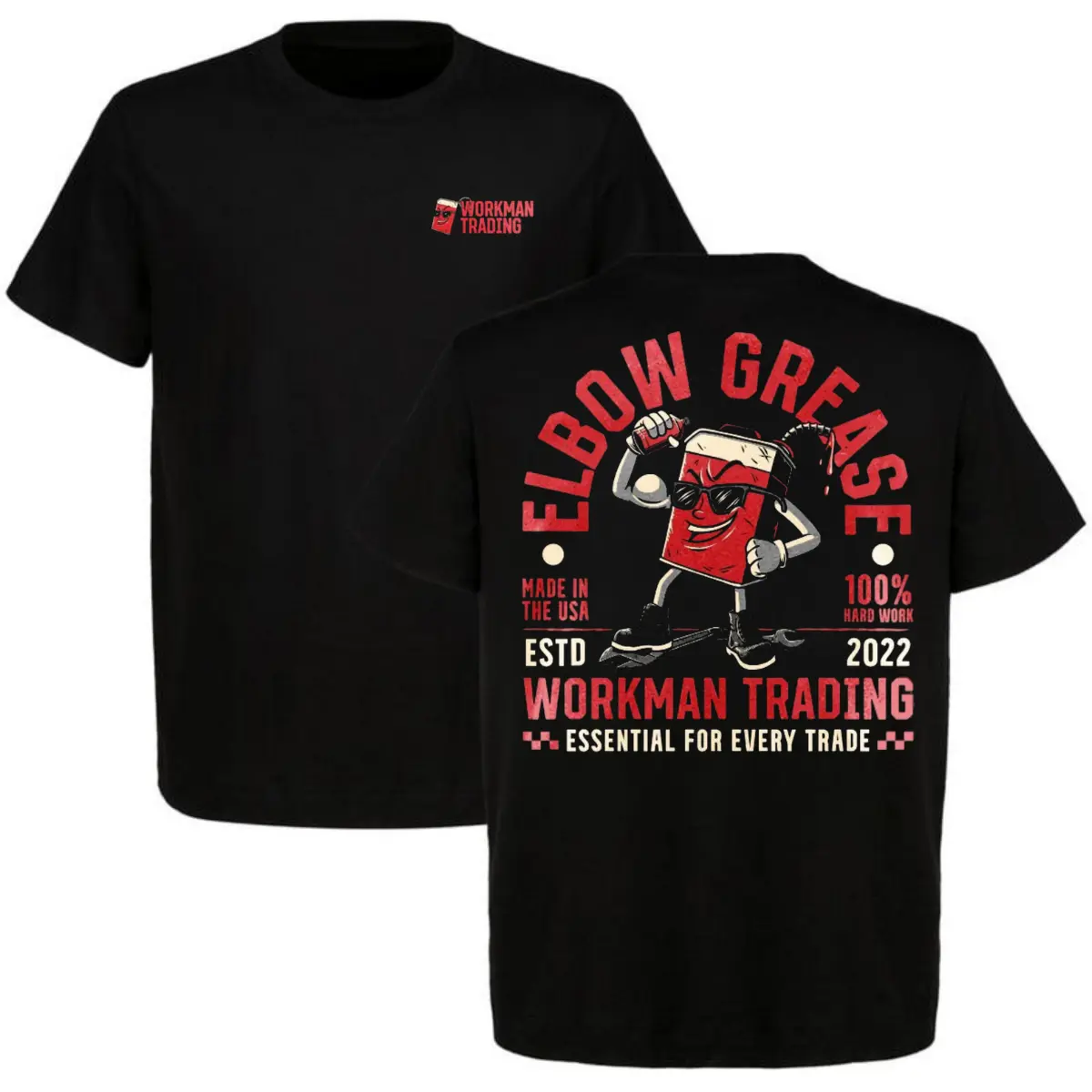 WORKMAN Elbow Grease Cartoon Mechanic Tool Funny T-Shirt Blue Collar Hard Work Essential Tradesman Humor Graphic Tee Workman Trading Black