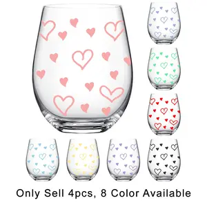 Heart Pattern Stemless Wine Glasses Set of 4, 18oz/540ML Transparent Wine Cups, Ideal for Restaurants & Daily Use