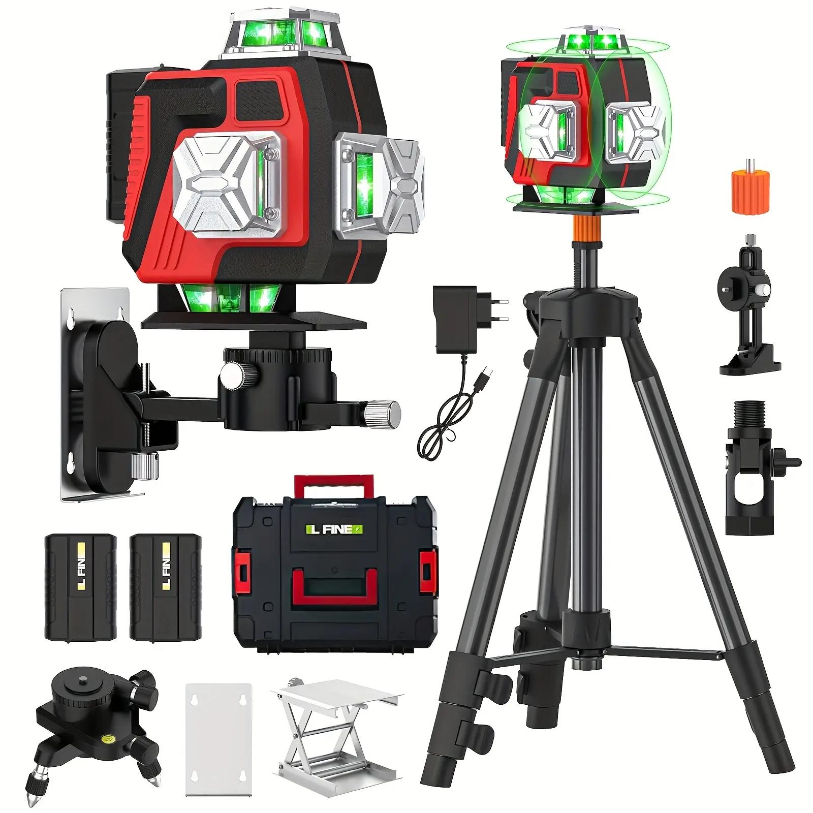 16-Line 4D Self-Levelling Rotary Laser Leveler Combo with Adjustable Base, 360° Horizontal & Vertical Laser Light, Remote Mode Switch, 2 Lithium Batteries (8+Hr Runtime), 16-Line 3D Layout for Alignment Tasks & Home Improvement