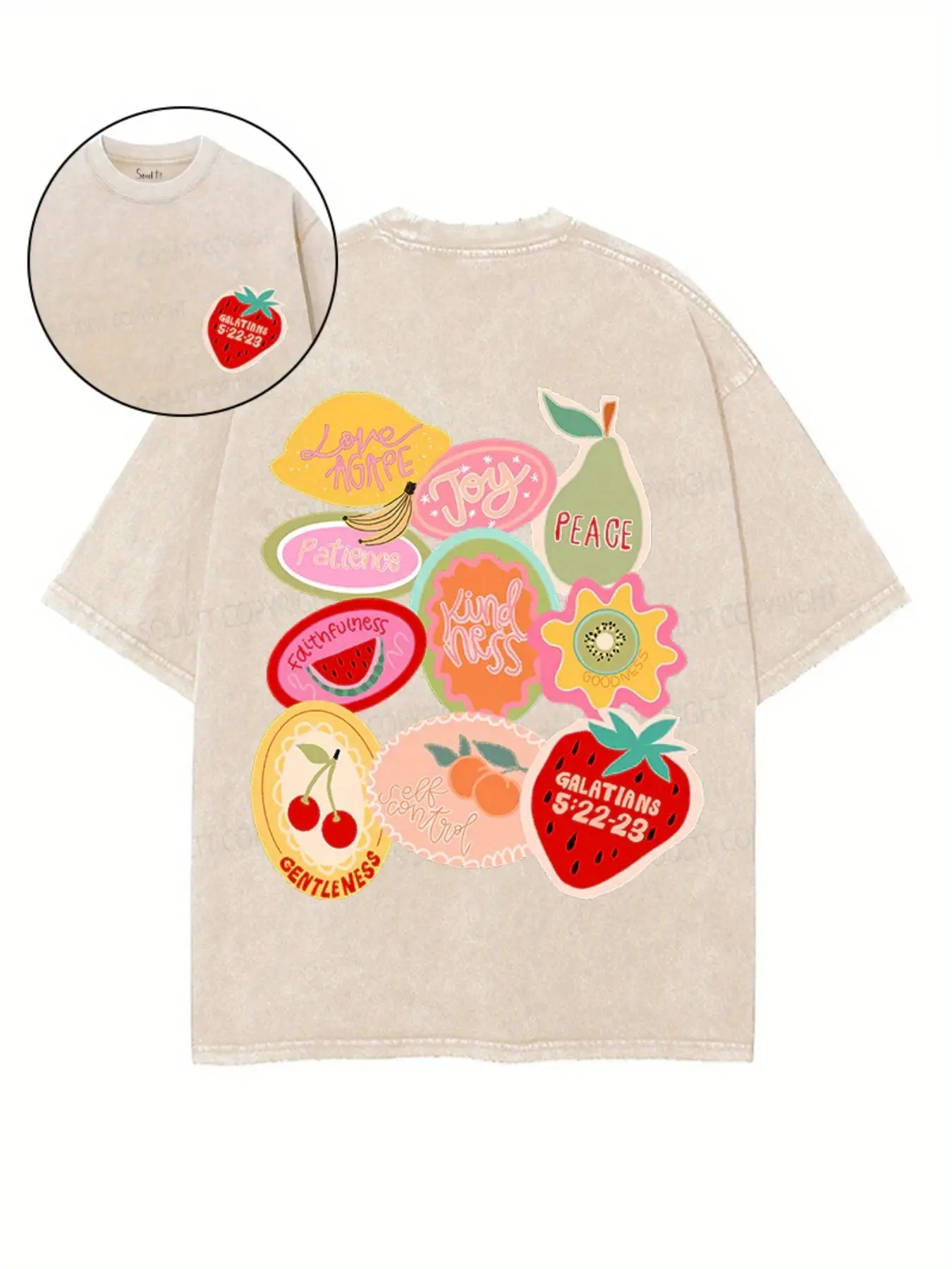 Men's 230G Washed Cotton Casual Round Neck Short-Sleeve Graphic Tee - Fruit Embroidery, Vintage Distressed Berry Print, Christmas Text, Figure-Flattering Streetwear Top, Machine Washable Holiday Gift for Fathers