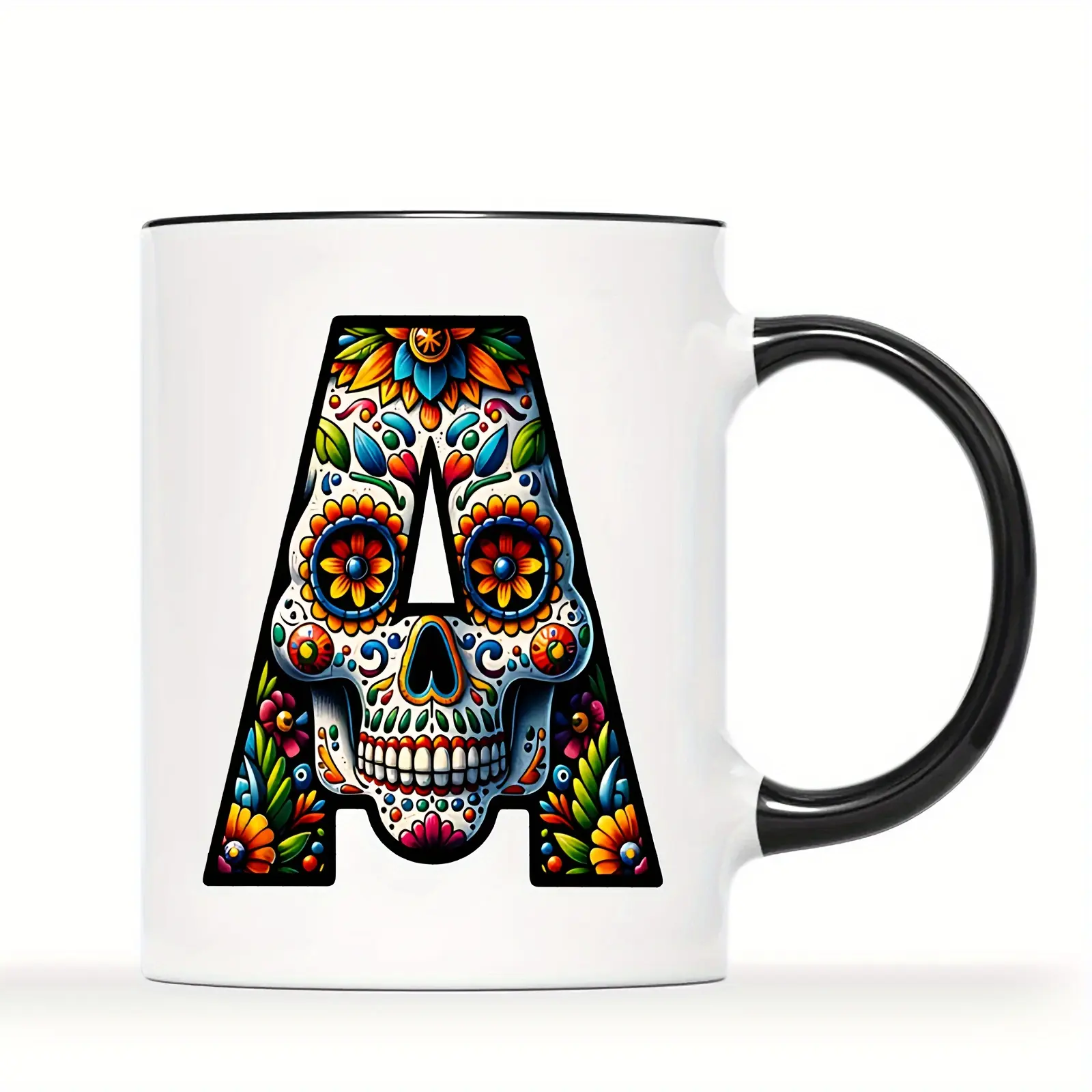11oz Ceramic Day of the Dead Skull Sugar Skull Alphabet Coffee Mug, Perfect Gift for Family & Friends, Novelty Drinkware for All Seasons